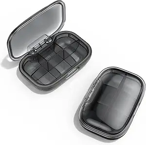 6 Compartment Travel Pill Organizer, Moisture Proof Case for Pocket Purse, Daily Portable Medicine Vitamin Container, Fish Oil and Supplement Box (Black)