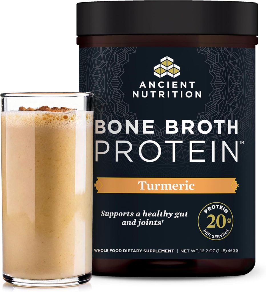 Αρχαία διατροφή Grass Fed, Cage Free, Bone Broth Protein Powder, 20g πρωτεΐνη, Hydrolyzed Collagen Peptides, Keto & Παλαιό Φιλικό, υποστηρίζει κοινή & Gut Υγεία, Turmeric, 20 εξυπηρετούν