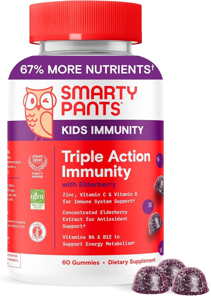 SmartyPants Kids Immity Gummies Elderberry: Παιδικό συμπλήρωμα υποστήριξης ανοσοποιητικών, Βιταμίνη C, Βιταμίνη D, Βιταμίνες B6 & B12 και Ψευδάργυρος, Χωρίς γλουτένη, Γλουτένη Elderberry, 60 Count (30 Day Supply)
