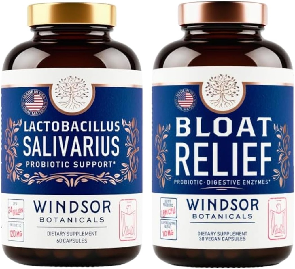 WINDSOR BOTANICALS Bloat Relief and Lactobacillus Salivarius Probiotic Capses - Στοματικό και IBS Bundle Υποστήριξη