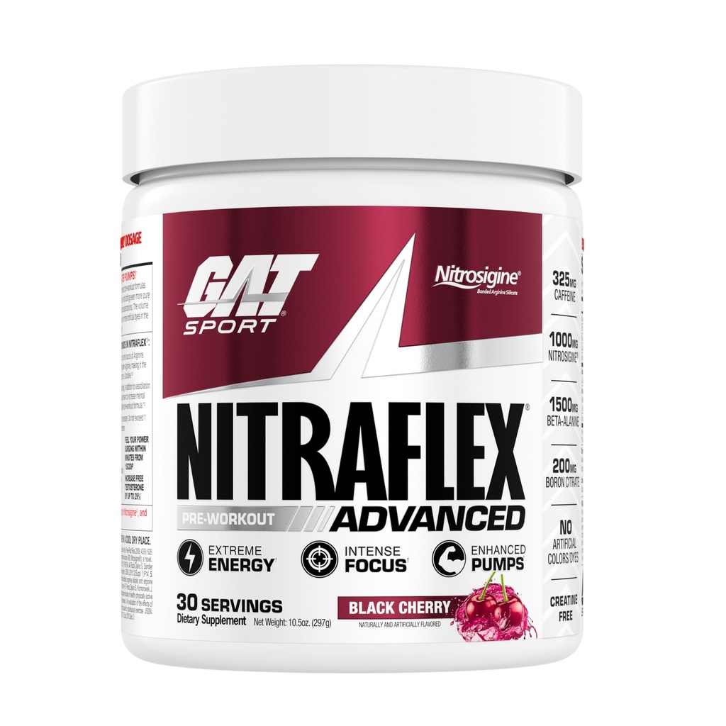GAT SPORT Nitraflex Advanced Pre-Workout Powder, Αυξάνει τη ροή του αίματος, Ενισχύει τη δύναμη και την ενέργεια, Βελτιώνει την απόδοση της άσκησης (Μαύρο κερασάκι, 30 εξυπηρετούν)