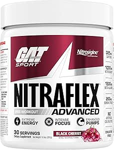 GAT SPORT Nitraflex Advanced Pre-Workout Powder, Αυξάνει τη ροή του αίματος, Ενισχύει τη δύναμη και την ενέργεια, Βελτιώνει την απόδοση της άσκησης (Μαύρο κερασάκι, 30 εξυπηρετούν)
