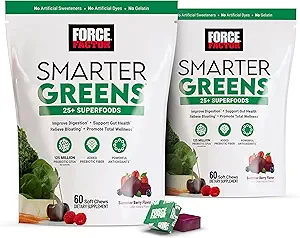 FORCE FACTOR Smarter Greens Superfood Chews, 2-Pack, Greens and Superfoods with Probiotics, Antioxidants, and Fiber, Greens Supplement to support Digestion, Nitric Oxide, and Energy, 120 Μαλακά Chews