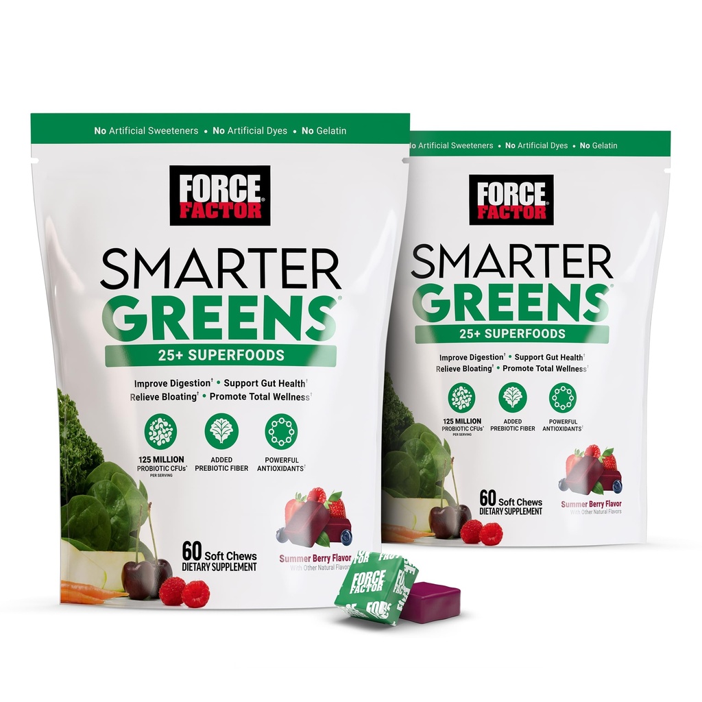 Force Factor Smarter Greens Superfood Chews, 2-Pack, Superfoods with Probiotics, Antioxidants, and Fiber, Greens Supplement to Support Digestion, Nitric Oxide, and Energy, 120 Soft Chews