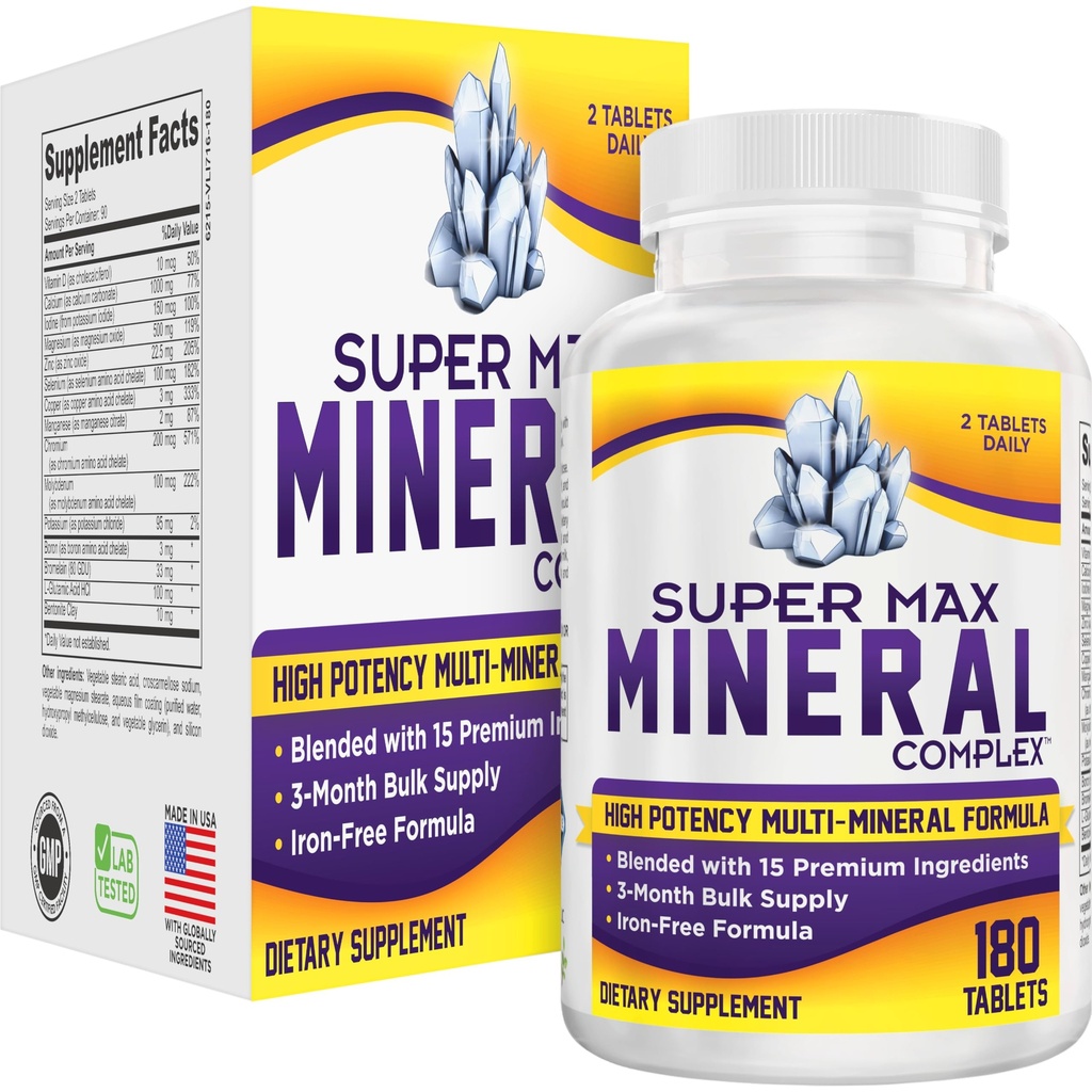 3-Month Multimineral Supplement Support Iron-Free Formula | Daily Multiminerals | Multi-Mineral Supplements | Minerals Complex | 90-Day Bulk Supply | 180 Tablets