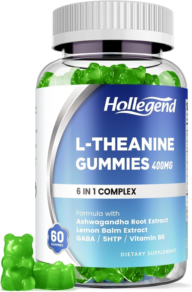 L-Theanine Gummies, l'theanine 400mg με Ashwagandha, GABA, 5HTP, L-theanine Chewable Supplement for Relax, Zzz & Focus Support, Vegan, Lemon Flavor, 60 Counts