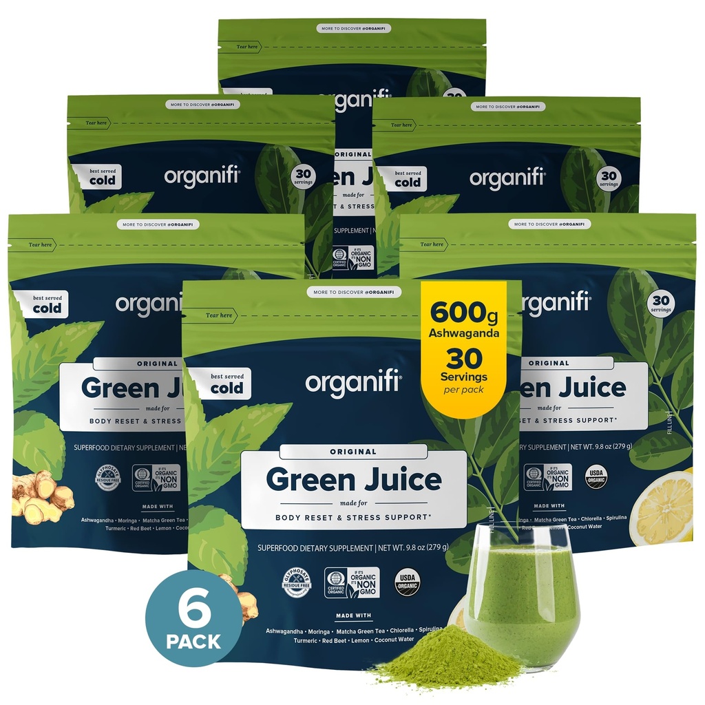 Organifi Green Juice - Βιολογικά Superfood Powder - 180-Day Supply - Βιολογικό Vegan Greens - Βοηθά στη μείωση της κορτιζόλης - παρέχει καλύτερη απάντηση στο άγχος - Υποστηρίζει τον έλεγχο του βάρους - Συνολική ευεξία του σώματος