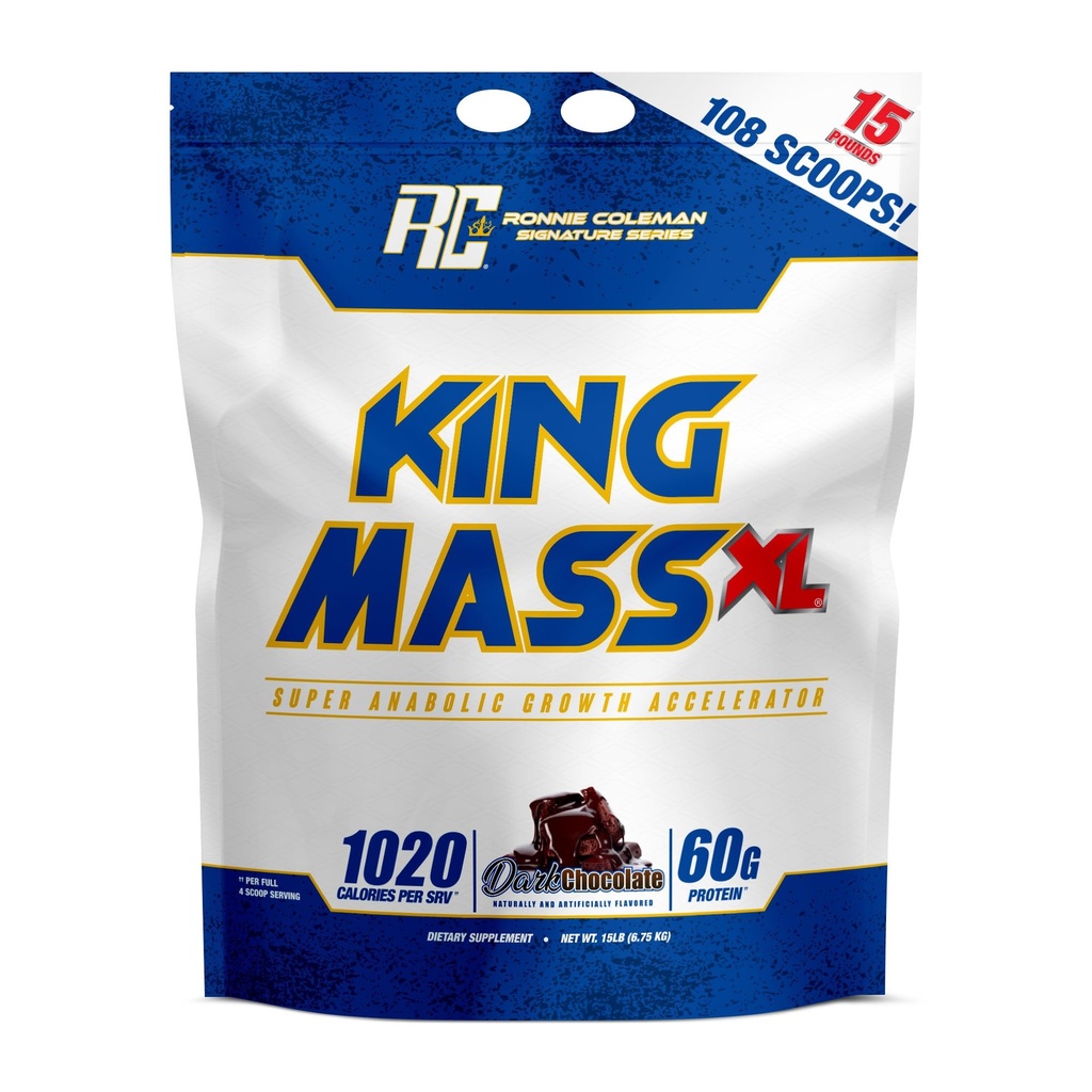 Ronnie Coleman Signature Series King Mass XL Mass Gainer Protein Powder, Muscle Gainer, 60g Protein, 180g Carbohydrates, 1,000+ Calories, Creatine and Glutamine, Dark Chocolate, 15 Pound
