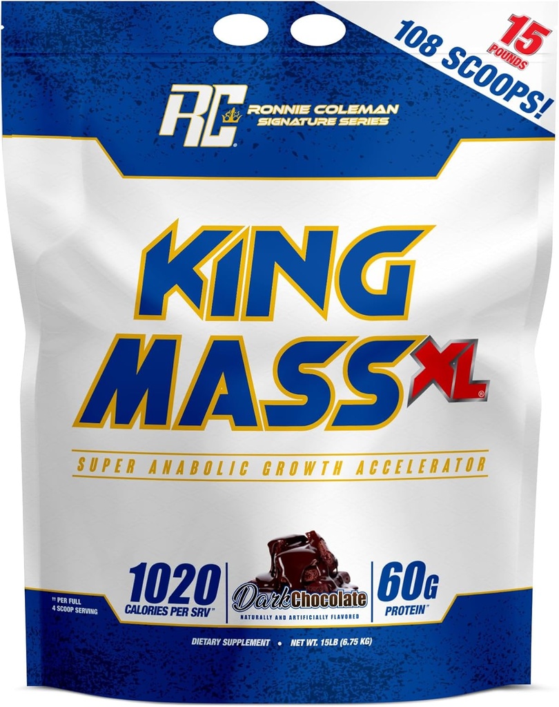 Ronnie Coleman Signature Series King Mass XL Mass Gainer Protein Powder, Muscle Gainer, 60g Protein, 180g Carbohydrates, 1.000+ θερμίδες, κρεατίνη και γλουταμίνη, Σκοτεινή σοκολάτα, 15 λίρες