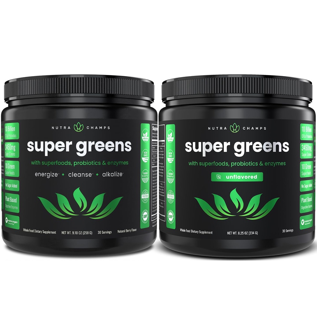 NutraChamps Super Greens Berry & Super Greens Unflavored Bundle - 2 Month Supply