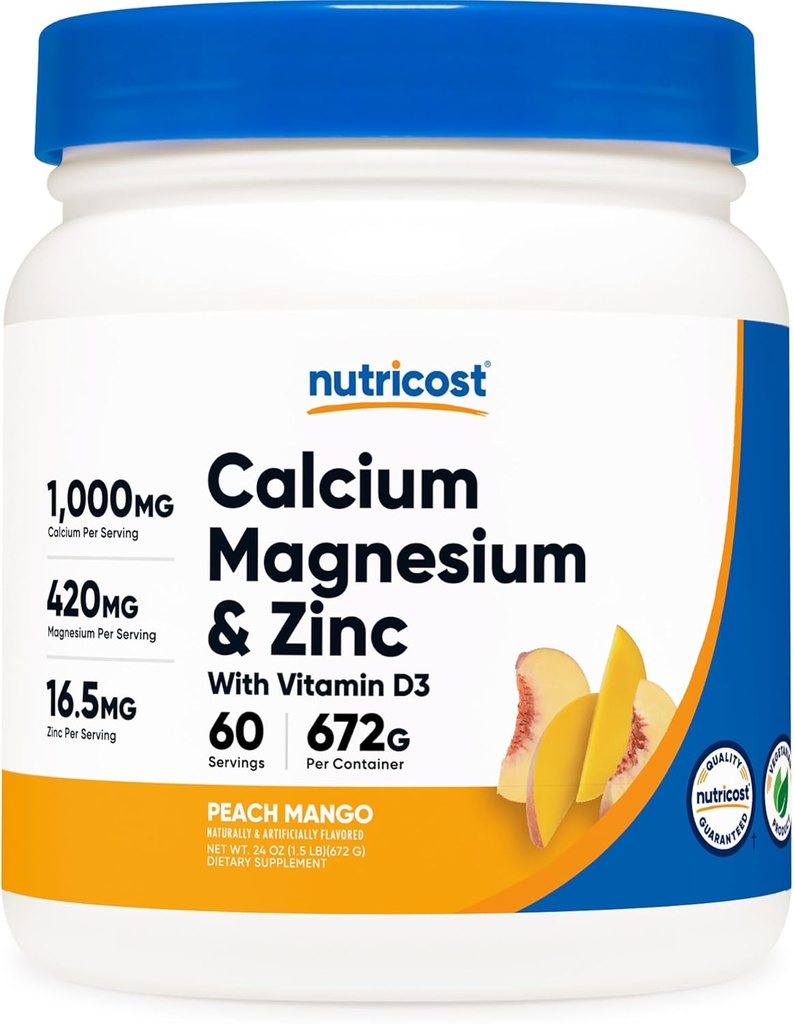 Nutricost Ασβέστιο Μαγνήσιο ψευδάργυρος με βιταμίνη D3 σκόνη, 60 σέρβις (Peach Mango) - Ασβέστιο (1000 MG) Μαγνήσιο (420 MG) Ψευδάργυρος (16,5 MG) Βιταμίνη D3 (30 MCG) - Χωρίς γλουτένη, Μη ΓΤΟ
