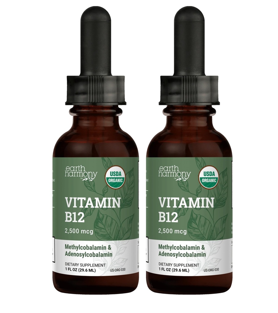 USDA Organic Vitamin B12 2000mcg Sublingual Liquid Supplement (2-Pack) - Vegan Methylcobalamin Drops for Natural Energy, Διατήρηση Μεταβολισμού, και Υποστήριξη ανοσοποιητικού συστήματος - 1 FL Oz