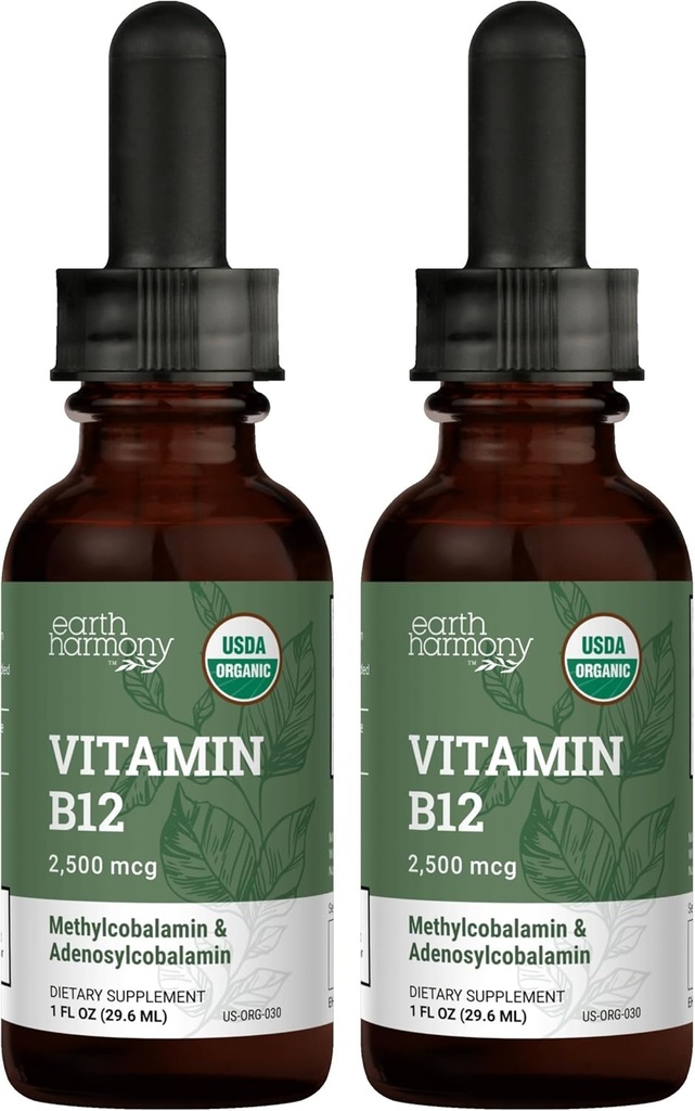 USDA Organic Vitamin B12 2000mcg Sublingual Liquid Supplement (2-Pack) - Vegan Methylcobalamin Drops for Natural Energy, Διατήρηση Μεταβολισμού, και Υποστήριξη ανοσοποιητικού συστήματος - 1 FL Oz