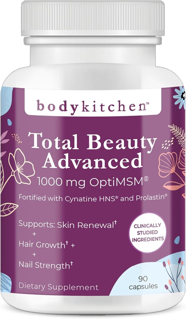 Body Kitchen Total Beauty Advanced, Περιέχει ελαστίνη, κερατίνη, βιοτίνη και υαλουρονικό οξύ, υποστηρίζει την ανάπτυξη των μαλλιών, ανανέωση του δέρματος, αντοχή των νυχιών, Veggie Caps, 90 Count