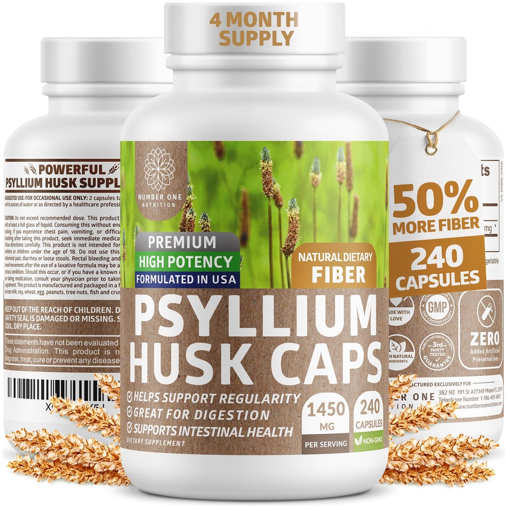 Number One Nutrition N1N Premium Psyllium Husk Capsules [All Natural,1450 MG] Powerful Soluble Fiber Supplement to Support Regularity and Digestive Health, 240 Caps