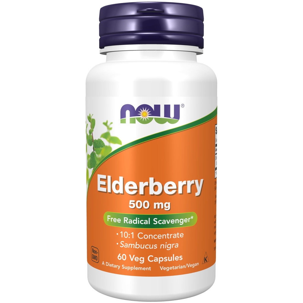 NOW Συμπληρώματα τροφίμων, Elderberry (Sambucus nigra) 500 mg, 10:1 Συμπυκνωμένο, 60 κάψουλες Veg