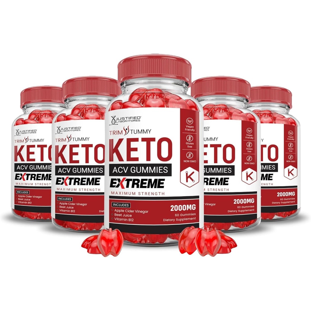 Justified Laboratories (5 Pack Trim Tummy Keto ACV Gummies Extreme 2000MG Trim Tummy Keto Gummies Apple Cider Vinegar Formed with Pomegranate Beet Buice Powder B12 Vegan Non GMO 300 Gummys