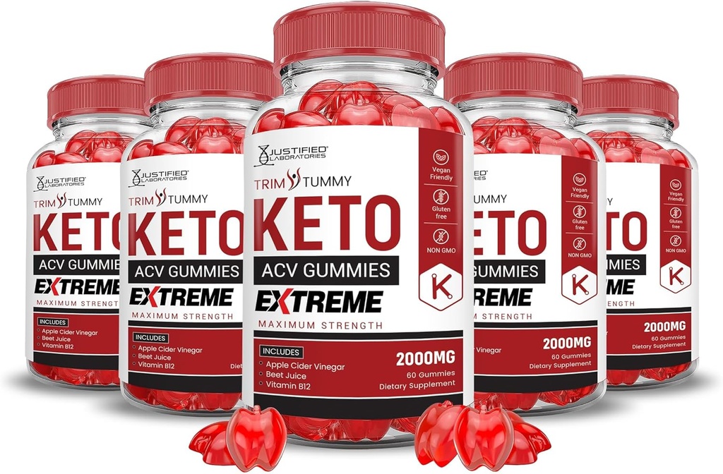 Justified Laboratories (5 Pack Trim Tummy Keto ACV Gummies Extreme 2000MG Trim Tummy Keto Gummies Apple Cider Vinegar Formulated with Pomegranate Beet Juice Powder B12 Vegan Non GMO 300 Gummys