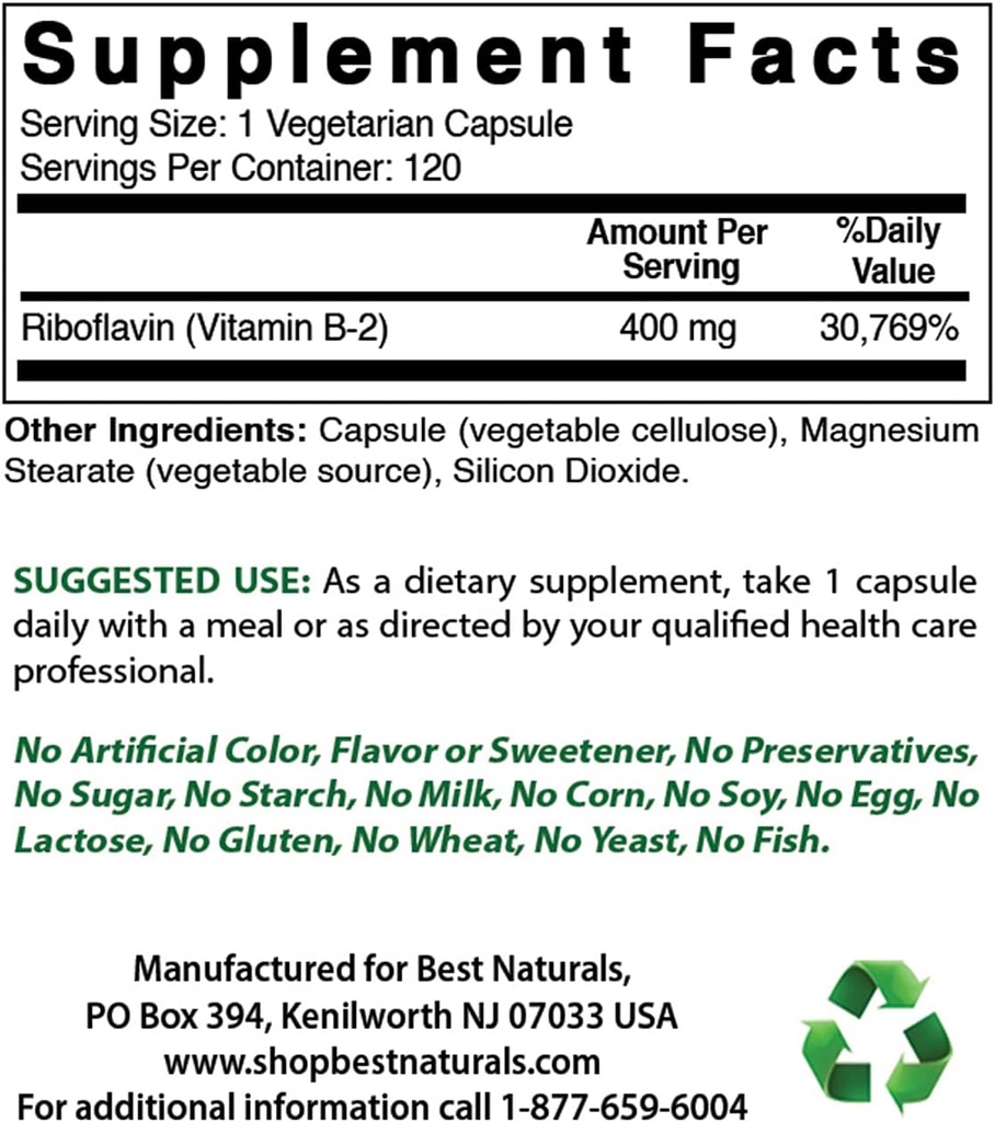 Best Naturals Vitamin B2 (Riboflavin) 400mg & Magnesium Glycinate 425 mg