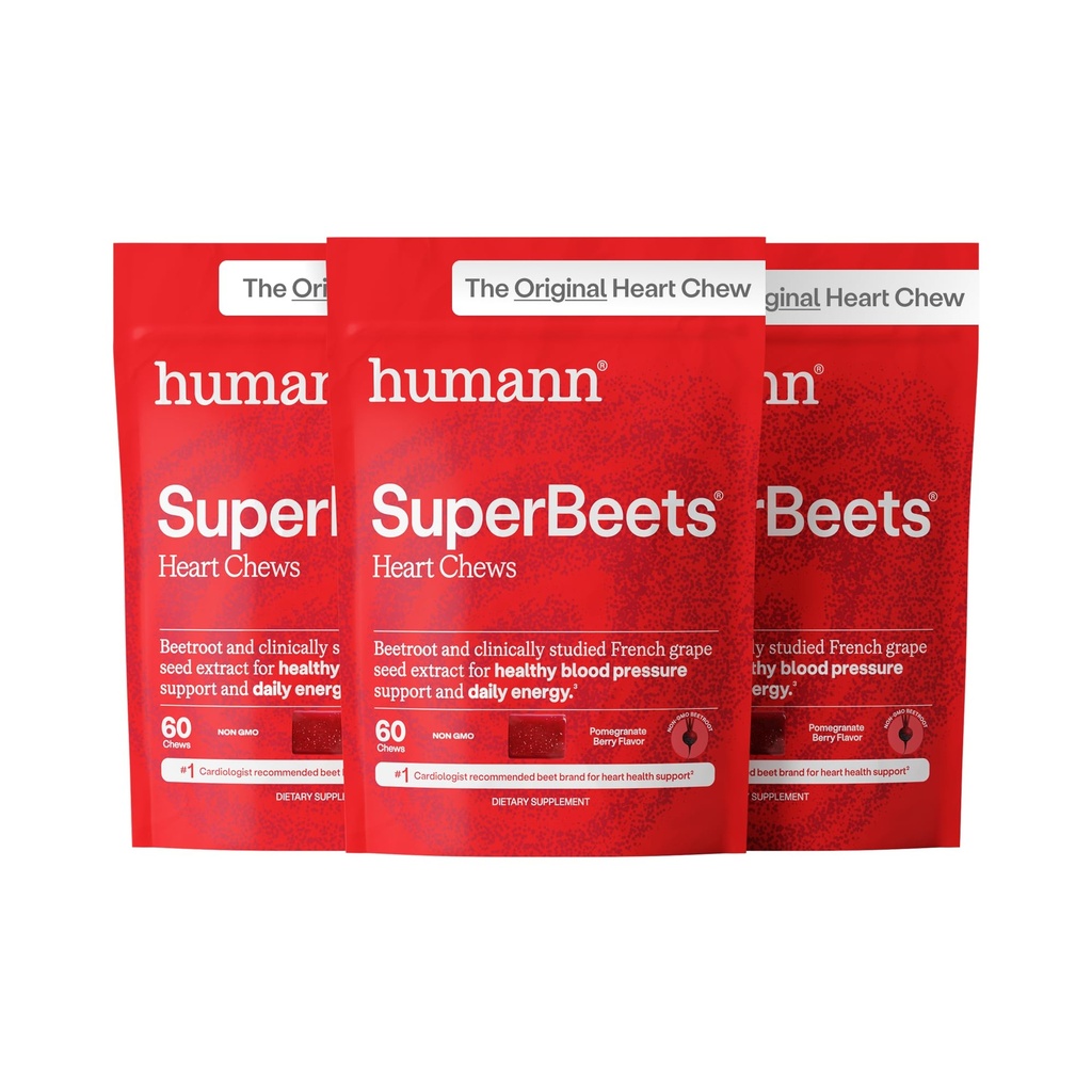 ΑνθρώπινοΝ SuperBeets Καρδιά Chews, Nitric Oxide και υποστήριξη της πίεσης του αίματος, εκχύλισμα σπόρων σταφυλιού & μη-GMO Beet Root Powder Energy, Ρόδι Berry Flavor, 180 Count