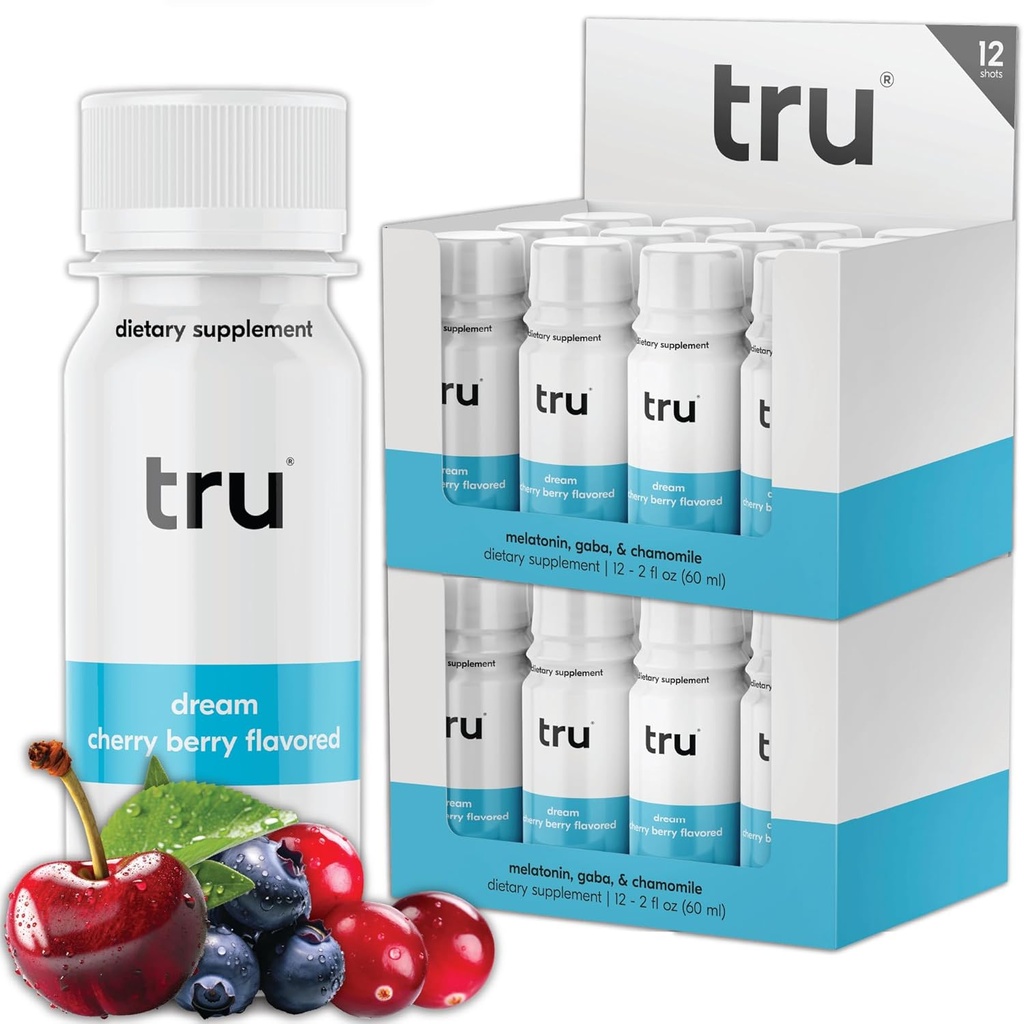 Tru Dream Shot, Cherry Berry Flavored Deep Sleep Aid Shots - Zero Sugar Calm Sleep Drink συν μελατονίνη, GABA, χαμομήλι - Caffeine Free, GF, Keto, Natural Flavors, Vegan Supplement, 2oz (Pack of 24)
