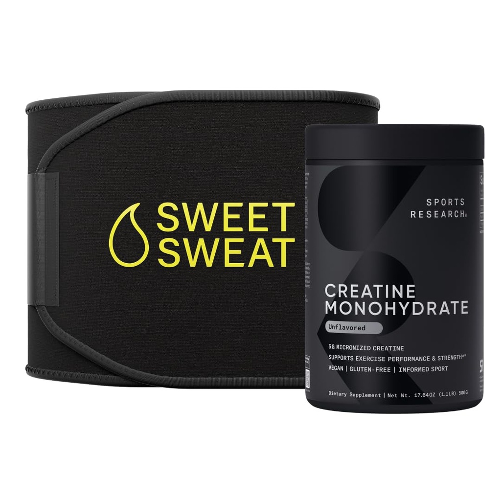 Sports Research Creatine Monohydrate and Sweet Sweat Waist Trimmer - Μαύρο και Κίτρινο (Μικρό)