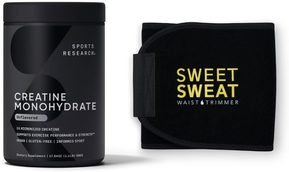 Sports Research Creatine Monohydrate and Sweet Sweat Waist Trimmer - Μαύρο και Κίτρινο (Μικρό)