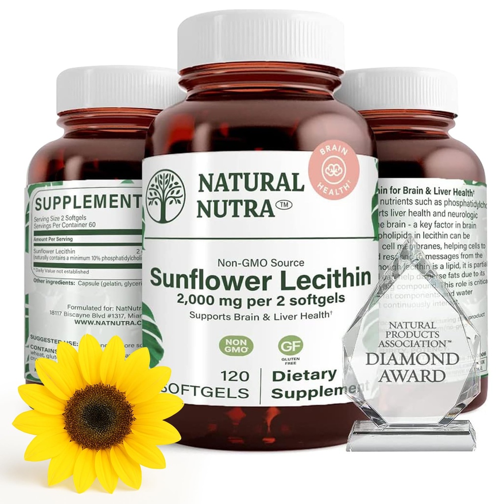 Natural Nutra Sunflower Lecithin 2000 mg Supplement, Supports Breastfeeding Moms with Plugged Milk Duct Relief, Liver & Brain Health Booster, Soy Free, Non-GMO, Gluten-Free, 120 Softgel