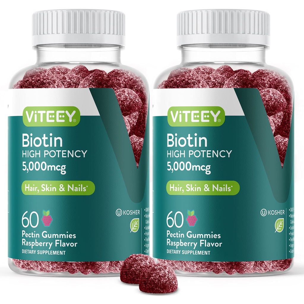 VITEEY Biotin Gummies για το δέρμα των μαλλιών και τα νύχια - Βιοτίνη για την ανάπτυξη των μαλλιών Gummies - 5000 mcg - Vegan, χωρίς γλουτένη, μη GMO – 120 κόμης