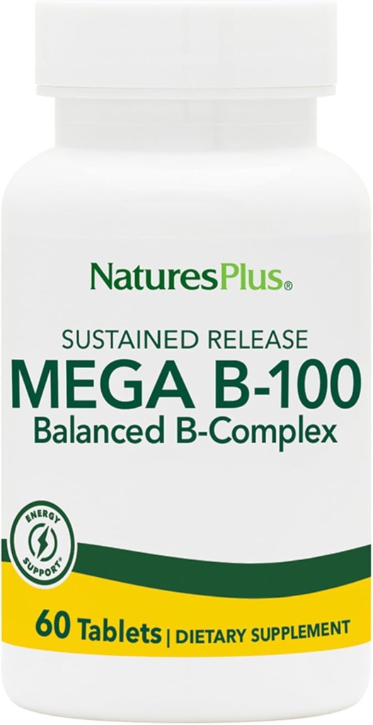NaturesPlus Mega B-100 Complex - 60 δισκία παρατεταμένης αποδέσμευσης - Ισορροπημένο B Complex - Ενεργειακή Υποστήριξη - Χορτοφαγικά, Χωρίς Γλουτένη - 60 εξυπηρετήσεις