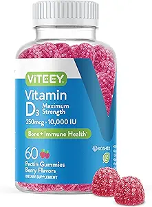 Viteey Vitamin D3 Gummies for Adults & Teens - 10.000 IU, 250mcg, Μέγιστη Δύναμη - Κοινή & Μυική Υγεία, Ανοσοποιητική Ενίσχυση - Μασώμενη Βιταμίνη D Gummies - Χορτοφαγική, Ζελατίνη Δωρεάν - Γευστικό μούρο Γεύση