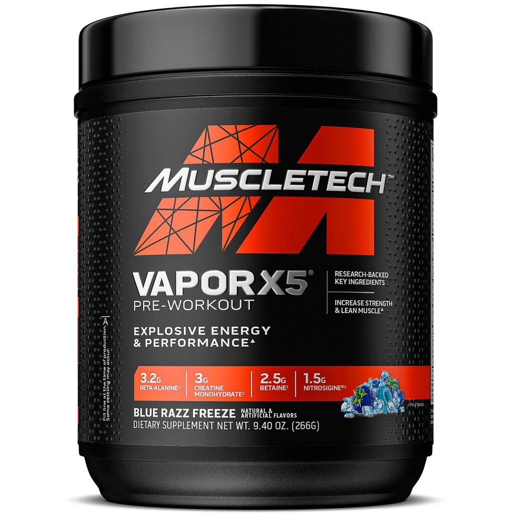 MuscleTech Pre-Workout Powder, Vapor X5 - Sports Nutrition Muscle Building Supplements for Women & Men - Έντονη Muscle Pump Energy Powder Drink Mix - Blue Razz Freeze, 266g (30 Services)
