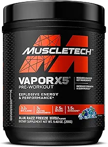 MuscleTech Pre-Workout Powder, Vapor X5 - Sports Nutrition Muscle Building Supplements for Women & Men - Intense Muscle Pump Energy Powder Drink Mix - Blue Razz Freeze, 266g (30 Servings)