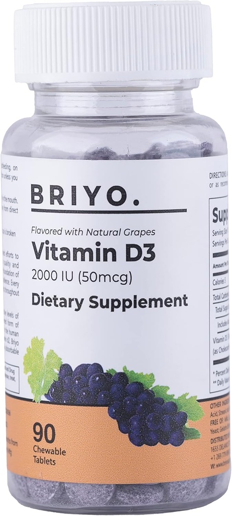 Briyo Vitamin d3 μασώμενα δισκία - 2000 IU (50 mcg ανά υπηρεσία) - Delicious Natural Grape Flavor, 90 Count