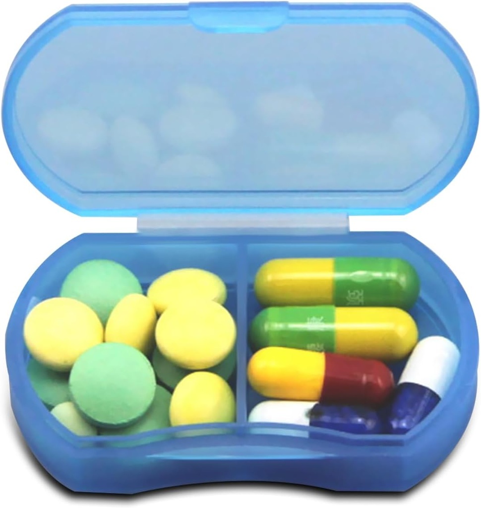 Pill Case for Purse Small Pill Organizer Portable Travel Daily Pill Containers AM & PM Mini Pill Box Vitamin, Fish Oil, Supplement Holder (Blue)