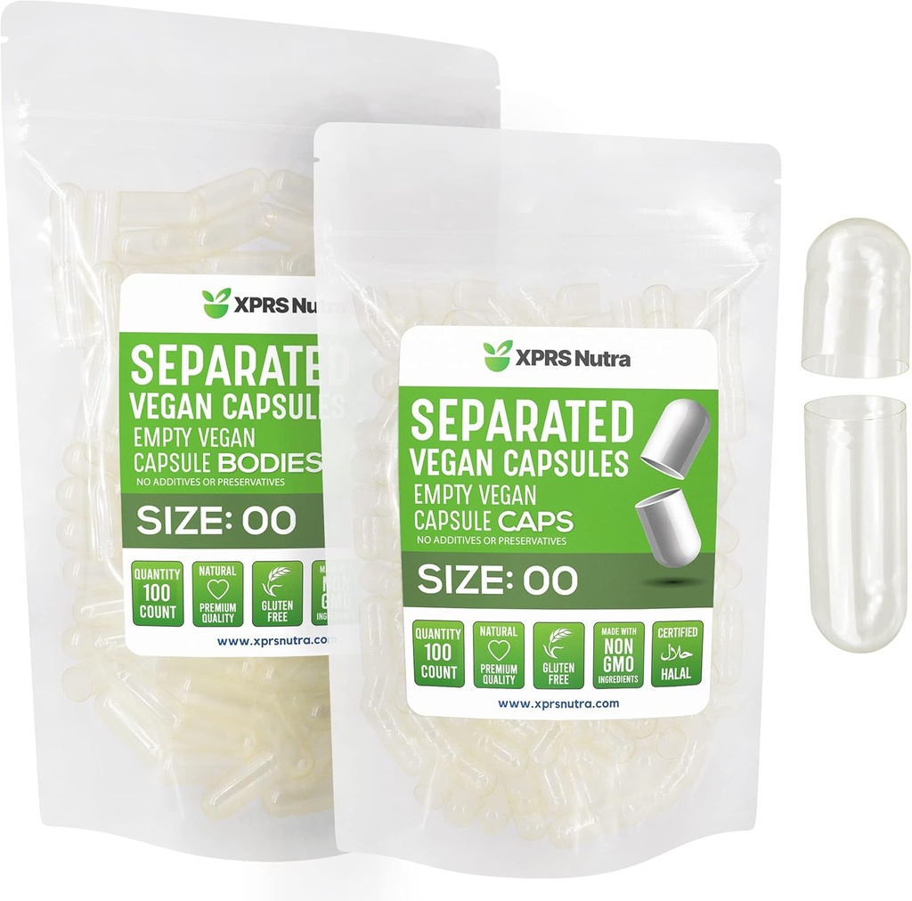 XPRS Nutra Vegan Μέγεθος 00 Χωριστές κάψουλες - 100 Count Clear Premium Κενές κάψουλες χωρισμένες σε τσάντες - 00 Χάπια Κενά για συμπλήρωμα DIY Γέμισμα