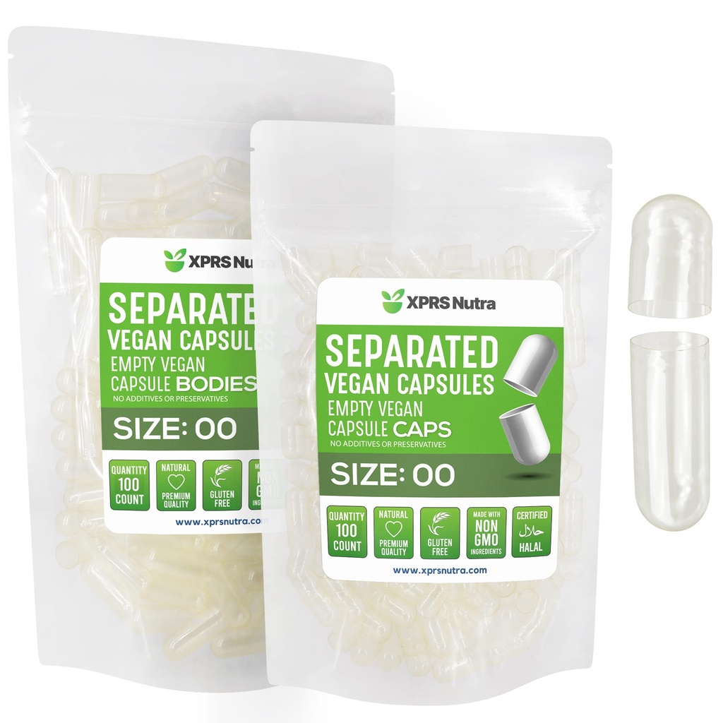 XPRS Nutra Vegan Μέγεθος 00 Χωριστές κάψουλες - 100 Count Clear Premium Κενές κάψουλες χωρισμένες σε τσάντες - 00 Χάπια Κενά για συμπλήρωμα DIY Γέμισμα