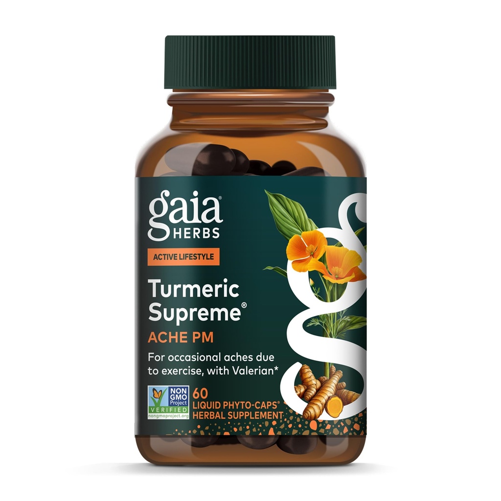 Gaia Herbs Turmeric Supreme Discomfort P.M. - Βοηθά στην παροχή νυχτερινή άνεση για να υποστηρίξει περισσότερο ξεκούραστο ύπνο - με Tumeric Curcumin, Kava, Valerian, Feverfew - 60 υγρά Phyto-Capsules (30-Day Supply)