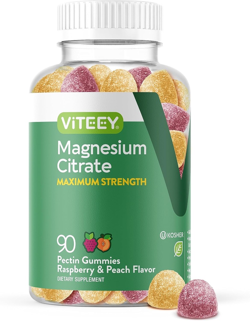 VITEEY Μαγνήσιο Gummies για ενήλικες - 255mg Μαγνήσιο Citrate Gummy για την ηρεμία, τον ύπνο, τα νεύρα και τη λειτουργία μυών Υποστήριξη - Vegan, Χωρίς γλουτένη - 90 Count
