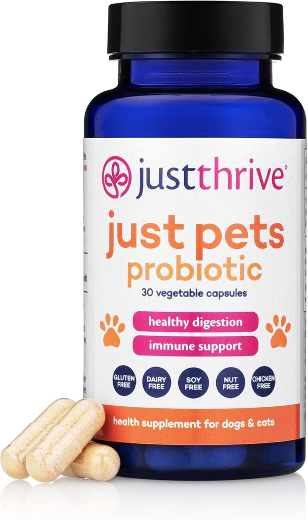 Just Thrive Just Pets Probiotic - Daily Digestive Probiotics για σκύλους και γάτες - 4 δισεκατομμύρια CFUs Pet Probiotic, 30 κάψουλες