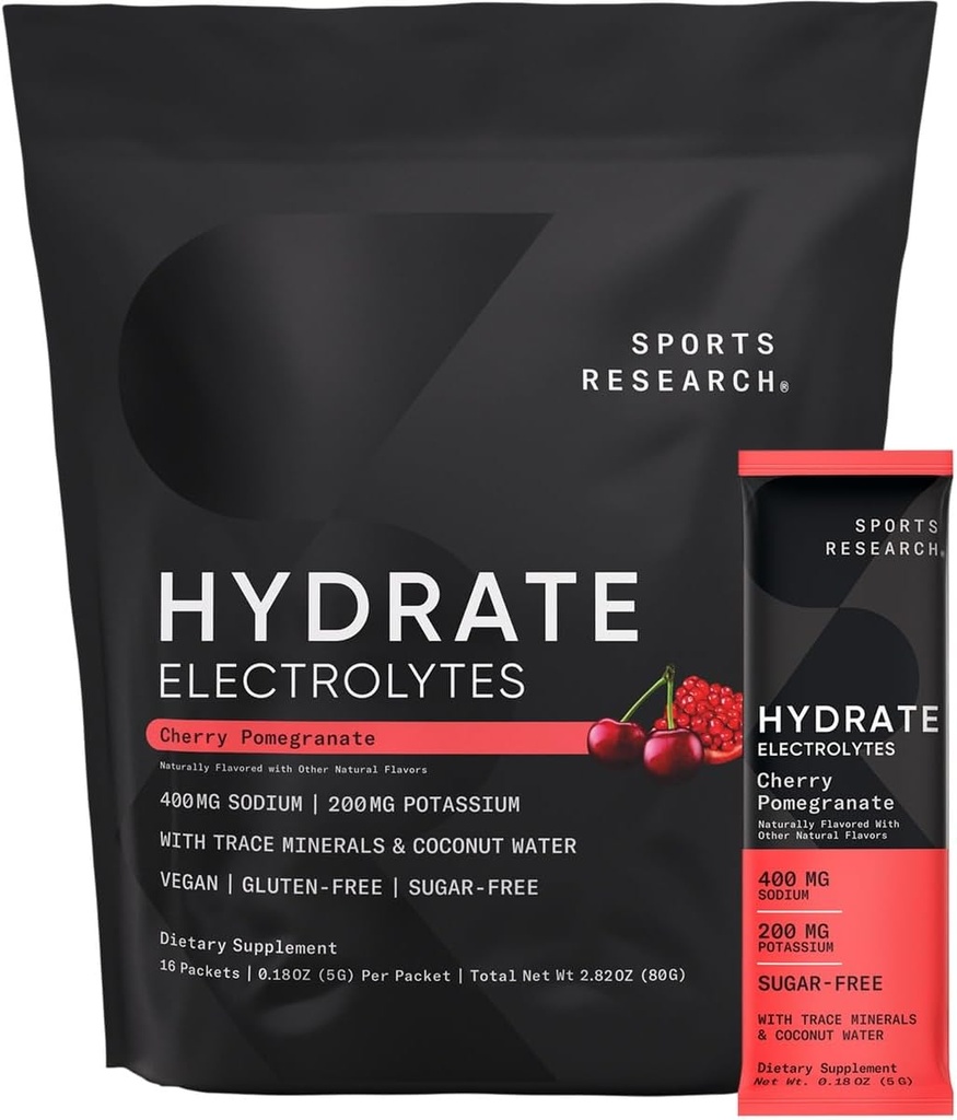 Sports Research Hydrate Electrolytes Powder Packets - Χωρίς ζάχαρη & Φυσικά Γεύση με Βιταμίνες, Ορυκτά και Νερό καρύδας - Υποστηρίζει Ενυδάτωση - 16 Πακέτα - Ρόδι κερασιού