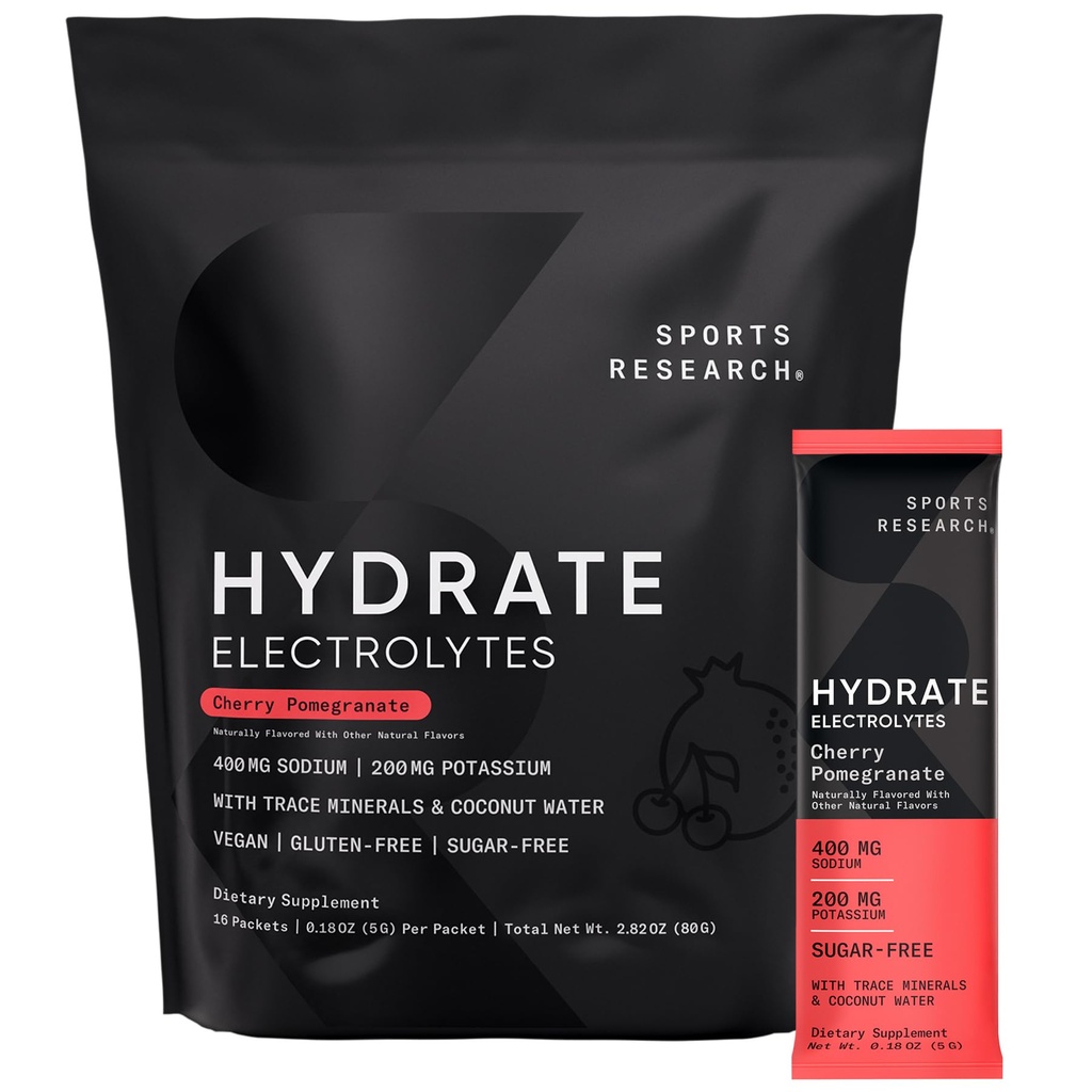 Sports Research Hydrate Electrolytes Powder Packets - Χωρίς ζάχαρη & Φυσικά Γεύση με Βιταμίνες, Ορυκτά και Νερό καρύδας - Υποστηρίζει Ενυδάτωση - 16 Πακέτα - Ρόδι κερασιού