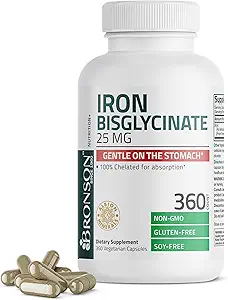 Bronson Iron Bisglycinate 25 mg Gentle on The Stomach, υποστηρίζει την ενέργεια & υγιής παραγωγή ερυθρών κυττάρων αίματος - μη-συντηρητική φόρμουλα - μη ΓΤΟ, 360 κάψουλες χορτοφάγων