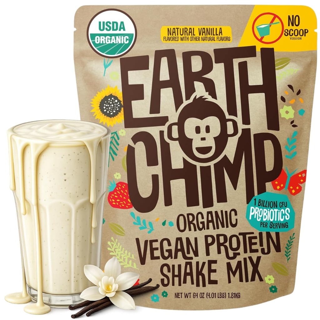 EarthChimp Organic Vegan Protein Powder - με Προβιοτικά - Μη ΓΤΟ, Γαλακτοκομικά Χωρίς, Μη Ορός γάλακτος, Πρωτεΐνες με βάση το φυτό Σκόνη για γυναίκες και άνδρες, Χωρίς γλουτένη - 52 Μερίδες 64 Oz (Vanilla) No Scoop