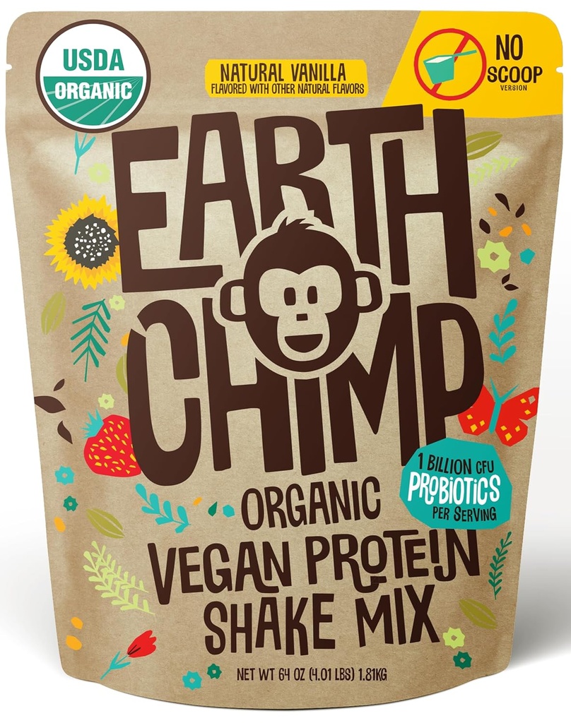 EarthChimp Organic Vegan Protein Powder - με Προβιοτικά - Μη ΓΤΟ, Γαλακτοκομικά Χωρίς, Μη Ορός γάλακτος, Πρωτεΐνες με βάση το φυτό Σκόνη για γυναίκες και άνδρες, Χωρίς γλουτένη - 52 Μερίδες 64 Oz (Vanilla) No Scoop