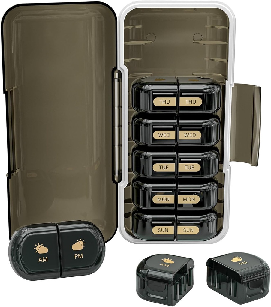 Weekly Pill Organizer 2 φορές την ημέρα, Moisture-Proof, Αποσπώμενα διαμερίσματα, AM PM Pill Box 2X 7 Day, Travel Pill Organizer για χάπια / Fish Oil / Medication / Vitamin / Συμπληρωματικά (Μαύρο)