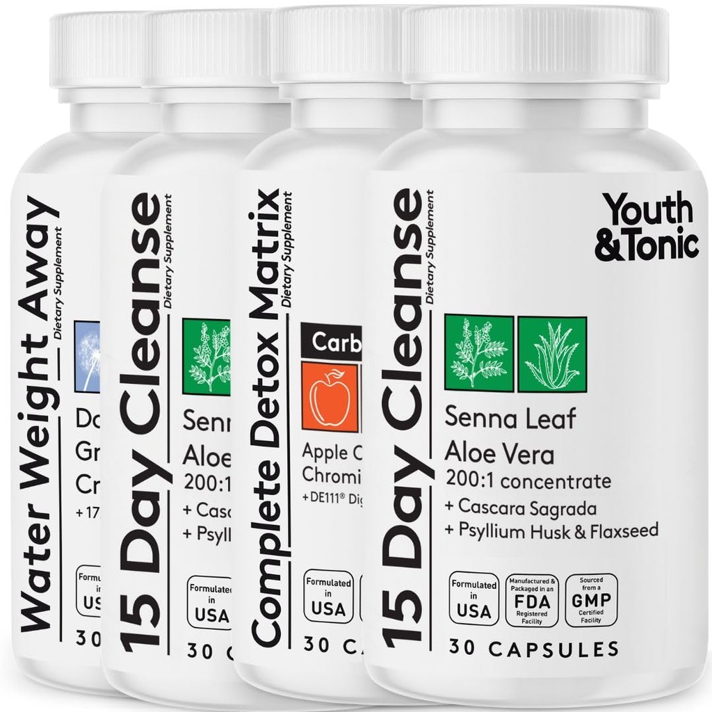 Detox Cleanse Kick Off Διαχείριση βάρους και Extra Colon Cleanser. 4pk για την απώλεια νερού, Bloating, Flat Stomach, Puffiness w Apple Cider Vinegar, Senna Leaf, Glucomannan, Chromium, Probiotic 120 χάπια