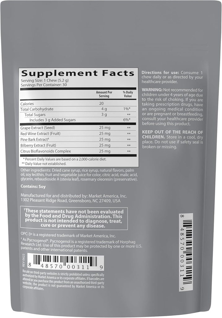 OPC-3 Isotonix Antioxidant Chews | Circulation, Vision & Skin Support | Grape Seed, Red Wine, Pine Bark (Pycnogenol®), Bilberry & Citrus Bioflavonoids | Chewable Antioxidant Supplement - 30 Count