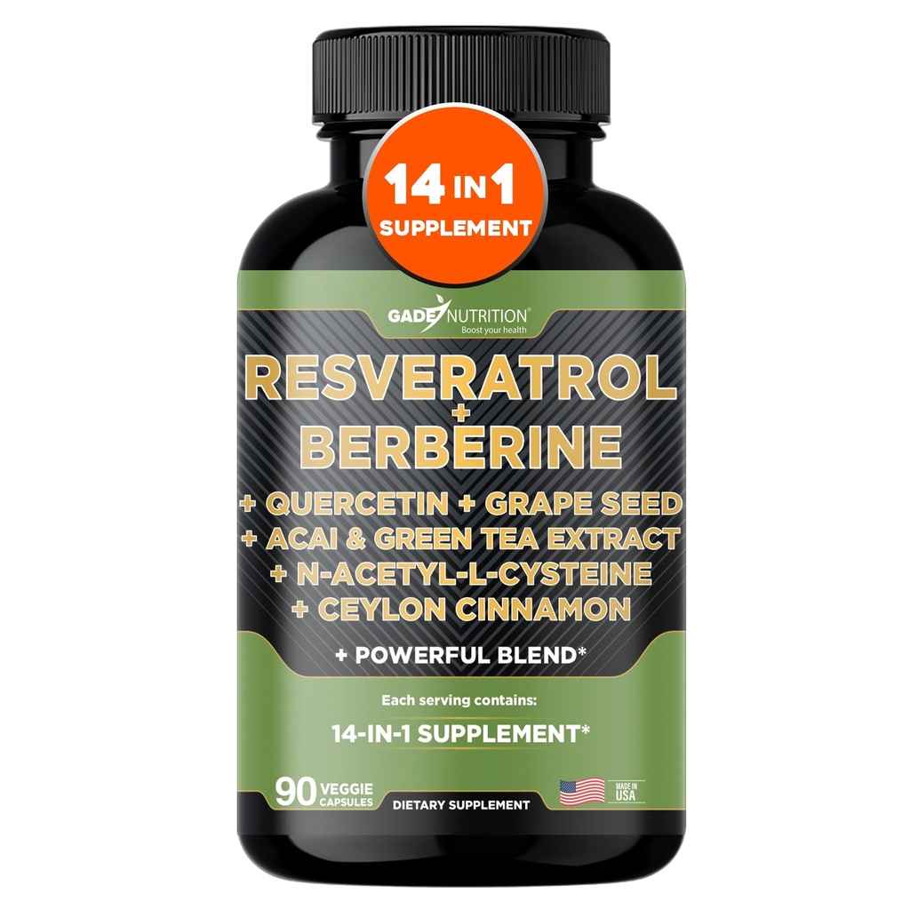 Gade Nutrition Resveratrol Berberine Quercetin Grape Seed Extract Πράσινο εκχύλισμα τσαγιού N-Acetyl Cysteine - 14 in 1 Complex Supplement for Women & Men with Poent Antioxidants - Made in USA