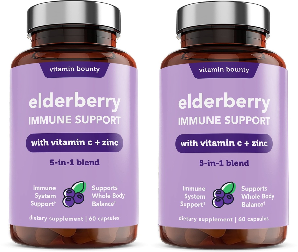 Vitamin Bounty Elderberry Ανοσοποιητική Υποστήριξη - με ψευδάργυρο, βιταμίνη C & Echinacea, Advanced 5-in-1 Blend, Ισχυρό Αντιοξειδωτικό, Υποστηρίζει την ισορροπία ολόκληρου του σώματος, μη ΓΤΟ - 60 κάψουλες, 2 συσκευασίες